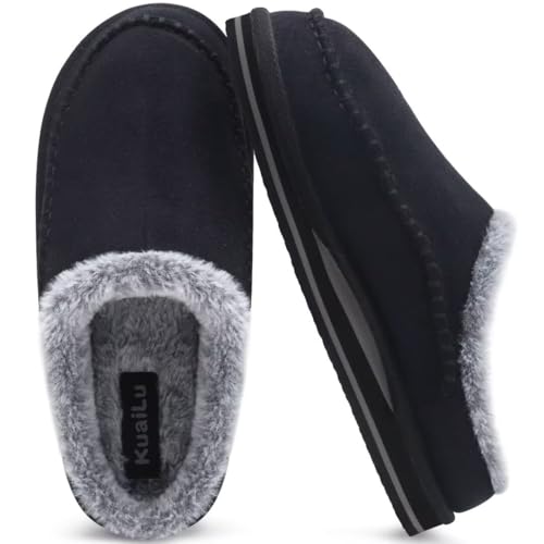 KuaiLu Herren Kuschelschuhe aus Plüsch mit offenem Rücken Herren Memory-Schaum Clog Hausschuhe Bequeme handgemachte Stitch Microsuede Slip-On Hausschuhe mit stützend Indoor Outdoor Schwarz Größe 44 von KuaiLu