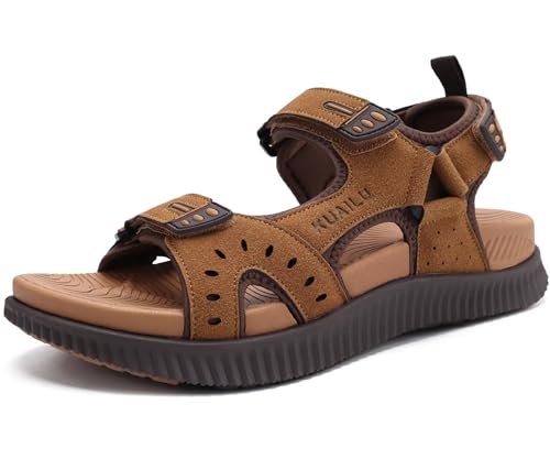 KuaiLu Herren Leder Wandersandalen Bequeme Orthopädische Recovery Trekkingsandalen Outdoor Sommer Casual Strand Dickes Kissen Sportsandalen, 40 Khaki Braun von KuaiLu