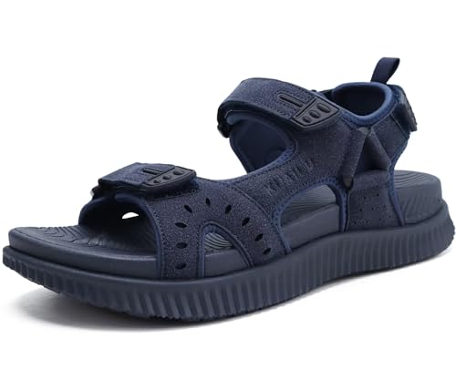 KuaiLu Herren Leder Wandersandalen Bequeme Orthopädische Recovery Trekkingsandalen Outdoor Sommer Casual Strand Dickes Kissen Sportsandalen, 40 Marine Blau von KuaiLu