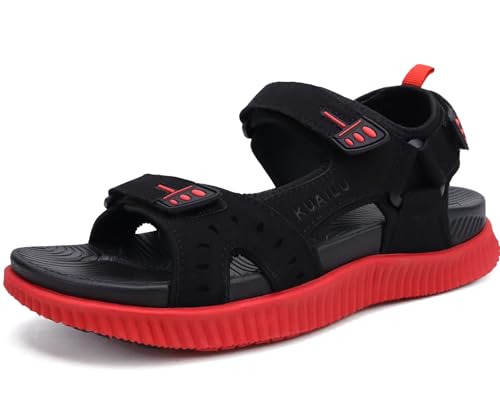 KuaiLu Herren Leder Wandersandalen Bequeme Orthopädische Recovery Trekkingsandalen with Arch Support Outdoor Sommer Casual Strand Dickes Kissen Sportsandalen, 42 Schwarz Rot von KuaiLu