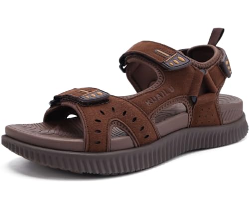 KuaiLu Herren Leder Wandersandalen Bequeme Orthopädische Recovery Trekkingsandalen Outdoor Sommer Casual Strand Dickes Kissen Sportsandalen, 48 Braun von KuaiLu