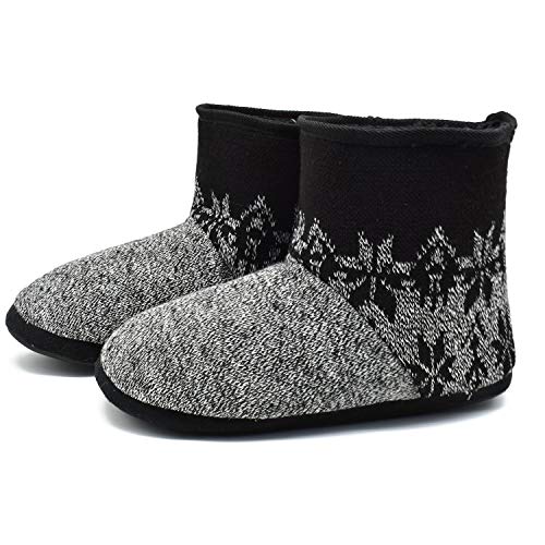 KuaiLu Herren Wolle Hausschuhe Stricken Künstliche Warme Indoor Stiefel rutschfest,Blume Grau,40 EU (UK 6 US 7) von KuaiLu