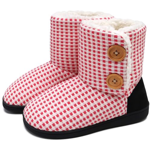 KuaiLu Hohe Hausschuhe Boots Damen Winter Fell Gefütterte Hausstiefel Frauen Warme Flauschige Plüsch Hüttenschuhe Kuschel Geschlossen Hausschuhe Stiefel Warm Slippers Women Puschen Rot-Weiß 38-39 EU von KuaiLu