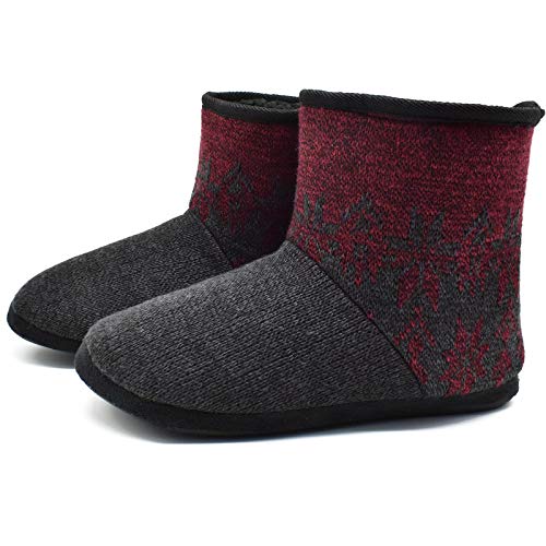 KuaiLu Kaschmir Strickpantoffeln Baumwolle Herren Hohe Hausschuhe warm Indoor-Schuhe Rutschfest,Schwarz Rot,43 EU (UK 9 US 10) von KuaiLu