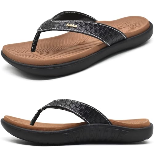 KuaiLu Khaki Schwarz Flip Flops Damen Leder Zehentrenner mit Arch Support für Sommer Beach Frauen Bequeme Yoga Mat Tanga Sandalen für Plantar Fasciitis Größe 36EU von KuaiLu