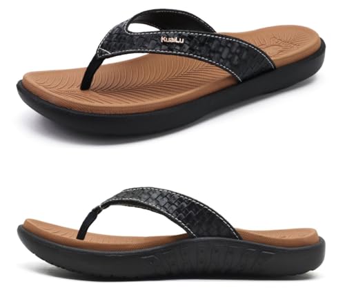 KuaiLu Khaki Schwarz Flip Flops Damen Leder Zehentrenner für Sommer Beach Frauen Bequeme Yoga Mat Tanga Sandalen für Plantar Fasciitis Größe 41EU von KuaiLu