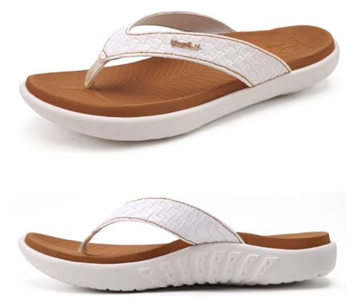 KuaiLu Khaki Weiß Flip Flops Damen Leder Zehentrenner für Sommer Beach Frauen Bequeme Yoga Mat Tanga Sandalen für Plantar Fasciitis Größe 37EU von KuaiLu