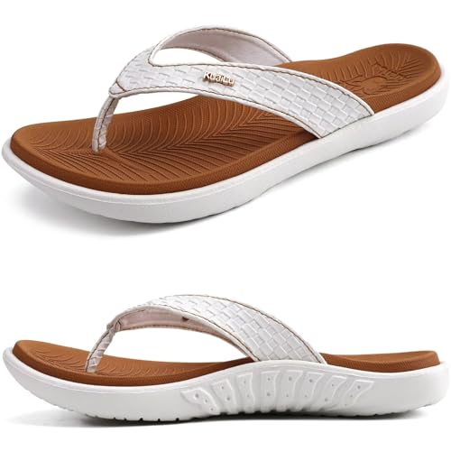 KuaiLu Khaki Weiß Flip Flops Damen Leder Zehentrenner mit Arch Support für Sommer Beach Frauen Bequeme Yoga Mat Tanga Sandalen für Plantar Fasciitis Größe 39EU von KuaiLu