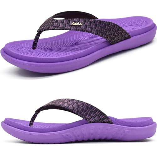 KuaiLu Lila Flip Flops Damen Leder Zehentrenner mit Arch Support für Sommer Beach Frauen Bequeme Yoga Mat Tanga Sandalen für Plantar Fasciitis Größe 37EU von KuaiLu