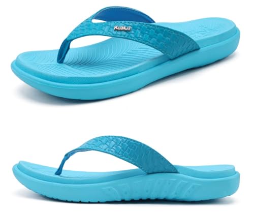 KuaiLu Blau Flip Flops Damen Leder Zehentrenner für Sommer Beach Frauen Bequeme Yoga Mat Tanga Sandalen für Plantar Fasciitis Größe 39EU von KuaiLu