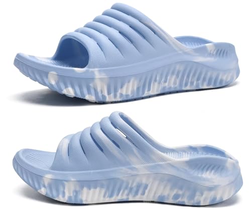 KuaiLu Recovery Sandalen Damen Bequeme Plantarfasziitis Schlappen Orthopädische Offene Zehen Frauen Sport Latschen Leicht Wasserfest Badelatschen Sommer Strand Badesandalen Tarnfarbe Blau 36 von KuaiLu