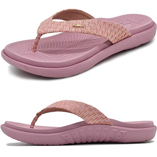 KuaiLu Rosa Flip Flops Damen Leder Zehentrenner mit Arch Support für Sommer Beach Frauen Bequeme Yoga Mat Tanga Sandalen für Plantar Fasciitis Größe 36EU von KuaiLu