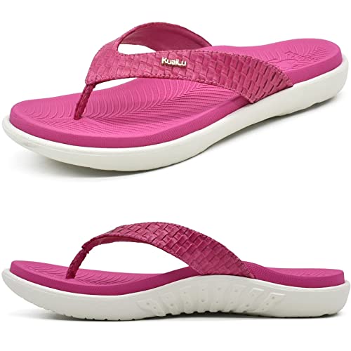 KuaiLu Rot Flip Flops Damen Leder Zehentrenner mit Arch Support für Sommer Beach Frauen Bequeme Yoga Mat Tanga Sandalen für Plantar Fasciitis Größe 36EU von KuaiLu