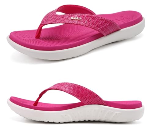 KuaiLu Rot Flip Flops Damen Leder Zehentrenner für Sommer Beach Frauen Bequeme Yoga Mat Tanga Sandalen für Plantar Fasciitis Größe 41EU von KuaiLu