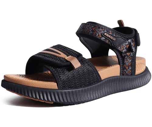 KuaiLu Sandalen Damen Trekking Bequeme Orthopädische Plantarfasziitis Sport Outdoor Wandersandalen Frauen Sommer Leicht Offen Zehen Verstellbare Klett Sandalen Schwarz Khaki 38 von KuaiLu
