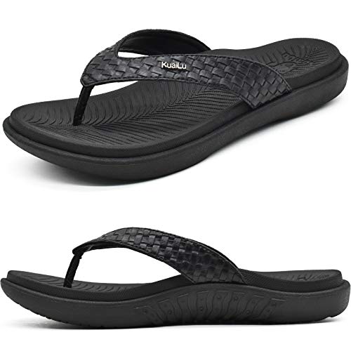 KuaiLu Schwarz Flip Flops Damen Leder Zehentrenner mit Arch Support für Sommer Beach Frauen Bequeme Yoga Mat Tanga Sandalen für Plantar Fasciitis Größe 36EU von KuaiLu