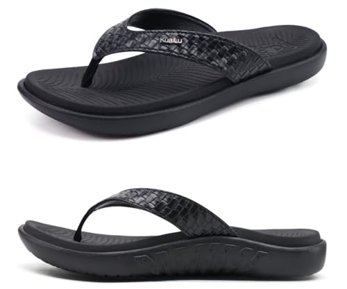 KuaiLu Schwarz Flip Flops Damen Leder Zehentrenner für Sommer Beach Frauen Bequeme Yoga Mat Tanga Sandalen für Plantar Fasciitis Größe 42EU von KuaiLu