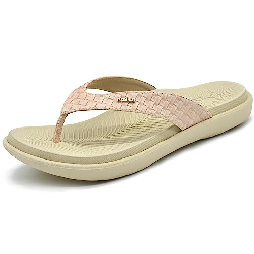 KuaiLu Weiß Flip Flops Damen Leder Zehentrenner mit Arch Support für Sommer Beach Frauen Bequeme Yoga Mat Tanga Sandalen für Plantar Fasciitis Größe 36EU von KuaiLu