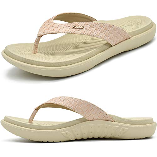 KuaiLu Weiß Flip Flops Damen Leder Zehentrenner mit Arch Support für Sommer Beach Frauen Bequeme Yoga Mat Tanga Sandalen für Plantar Fasciitis Größe 38EU von KuaiLu