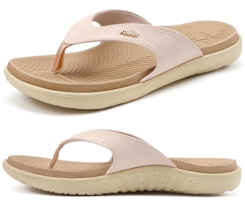 KuaiLu Zehentrenner Damen Orthopädische Yoga Fußbett Sandalen Elegant Frauen Leichte Sommer Slip On Strand Flip Flops mit Bequeme Plantarfasziitis, Beige Weiß EU42 von KuaiLu