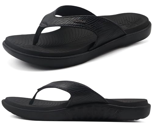KuaiLu Zehentrenner Damen Orthopädische Yoga Fußbett Sandalen Elegant Frauen Leichte Sommer Slip On Strand Flip Flops mit Bequeme Plantarfasziitis, Schwarz EU39 von KuaiLu