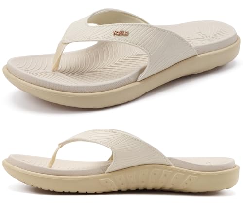 KuaiLu Zehentrenner Damen Orthopädische Yoga Fußbett Sandalen Elegant Frauen Leichte Sommer Slip On Strand Flip Flops mit Bequeme Plantarfasziitis, Beige EU41 von KuaiLu