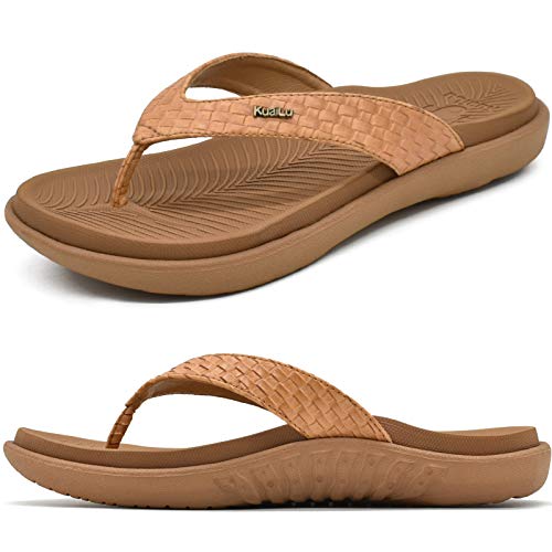 KuaiLu khaki Flip Flops Damen Leder Zehentrenner mit Arch Support für Sommer Beach Frauen Bequeme Yoga Mat Tanga Sandalen für Plantar Fasciitis Größe 37EU von KuaiLu