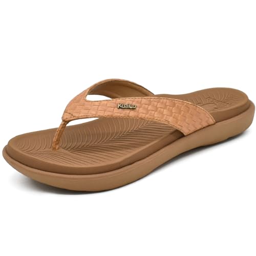 KuaiLu khaki Flip Flops Damen Leder Zehentrenner mit Arch Support für Sommer Beach Frauen Bequeme Yoga Mat Tanga Sandalen für Plantar Fasciitis Größe 40EU von KuaiLu