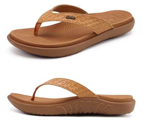 KuaiLu khaki Flip Flops Damen Leder Zehentrenner für Sommer Beach Frauen Bequeme Yoga Mat Tanga Sandalen für Plantar Fasciitis Größe 41EU von KuaiLu