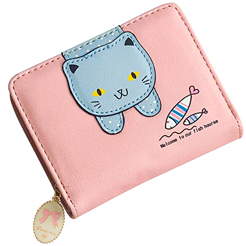 Cartoon Katze Geldbörse, Damen Katzen Portemonnaie, Kleine Geldbörse Karikatur, Katzengeldbörse, Katze Dekoration, Ledermaterial, Mit Reißverschluss (pink) von Kuaikely