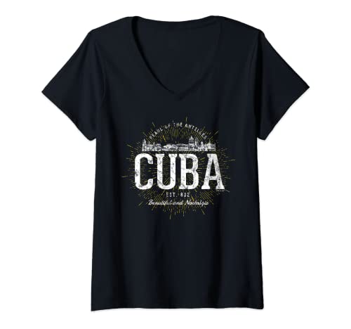 Damen Vintage Kuba Retro T-Shirt mit V-Ausschnitt Damen Vintage Kuba Retro T-Shirt mit V-Ausschnitt von Kuba Souvenirs von Treaja