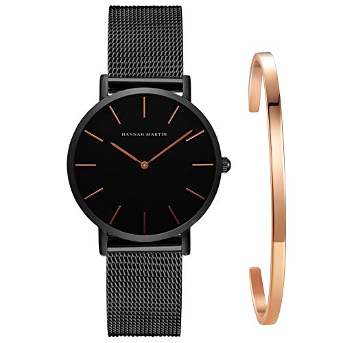 Kubagom Damen Uhren Analog Quarz Edelstahl Wasserdicht Mesh Ultradünne Set mit Armreif (Schwarz Oberfläche,Schwarz Armband, Rosegold Armreif 2) von Kubagom