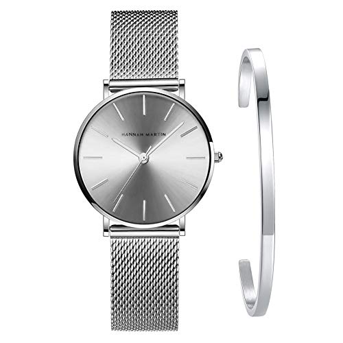Kubagom Damen Uhren Analog Quarz Edelstahl Wasserdicht Mesh Ultradünne Set mit Armreif (Silber Oberfläche,Silber Armband,Silber Armreif) von Kubagom