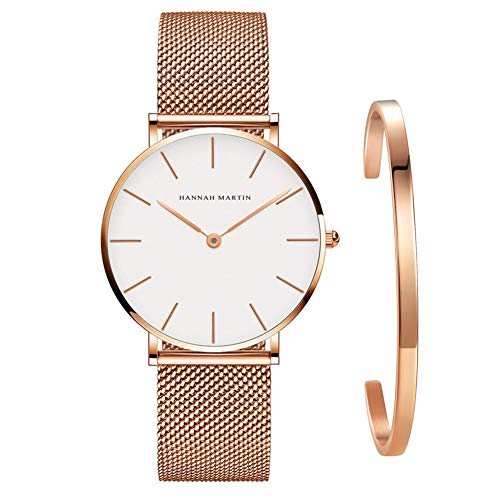 Kubagom Damen Uhren Analog Quarz Edelstahl Wasserdicht Mesh Ultradünne Set mit Armreif (Weiß Oberfläche,Rosegold Armband,Rosegold Armreif) von Kubagom