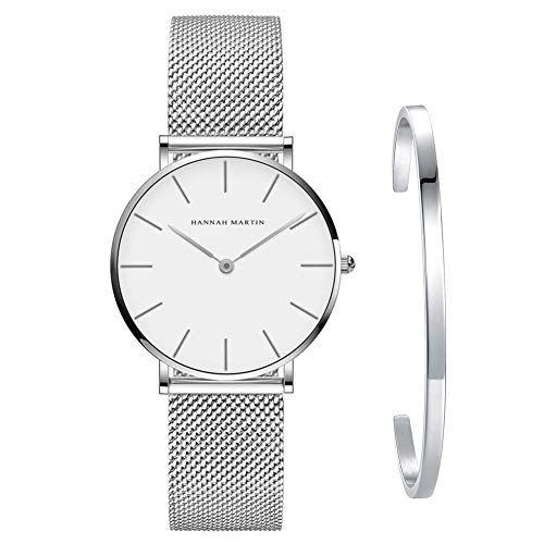 Kubagom Damen Uhren Analog Quarz Edelstahl Wasserdicht Mesh Ultradünne Set mit Armreif (Weiß Oberfläche,Silber Armband,Silber Armreif) von Kubagom