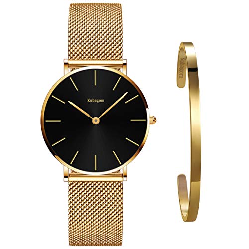 Kubagom Damen Uhren Analog Quarz Edelstahl Wasserdicht Mesh Ultradünne Set mit Armreif von Kubagom