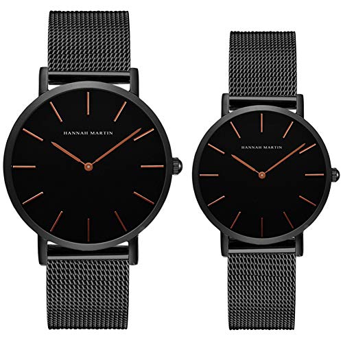 Kubagom Paar Uhren Analog Quarz Edelstahl Wasserdicht Mesh Ultradünne Set für Sie und Ihn (Schwarz Oberfläche,Schwarz Armband 1) von Kubagom
