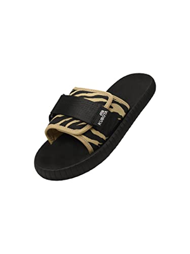 Kubota Pantoletten mit Klettverschluss Herren, Badelatschen, Hausschuhe, Badeschuhe für Strand, Badesandalen Sommer, Zebramuster - Schwarz mit Beige 44 von Kubota