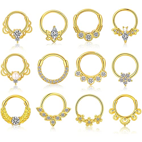 12 Stück Septumring,Kucheed 16G Chirurgenstahl Gold Nasenringe Hoop Septum Schmuck,Niedliche Knorpelhelix Daith Ohrringe Rook Hoop Nasenloch Nasen Körper Piercing Schmuck für Frauen Männer von Kucheed