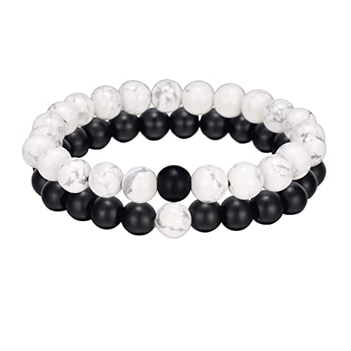 2 Stück Perlenarmbänder,NewChiChi 8mm Natürlicher Kristallenergiestein Elastischer Armreif,Yoga Schwarz & Weiß Matt Achat Fashion Armband,Paare Freundschaftsperlen Armband Schmuck für Frauen Männer von Kucheed