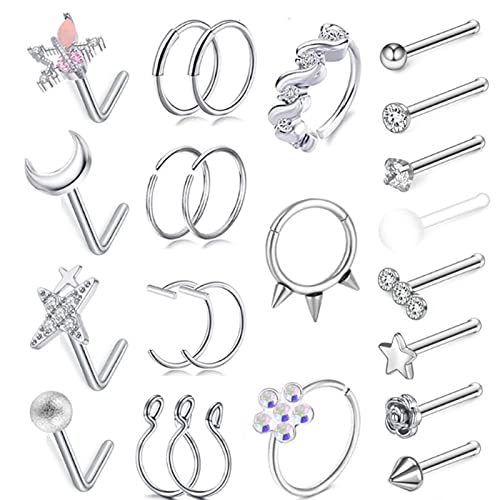 Kucheed 23 Stück Nasenringe, 20G Chirurgenstahl Nasenringe Hoop L-Form Nasenstecker Nasenschraube Septumringe,Stern Nasenring-Set,Knorpel Helix Ohrringe Creolen Lippe Nase Piercing Schmuck für Frauen von Kucheed