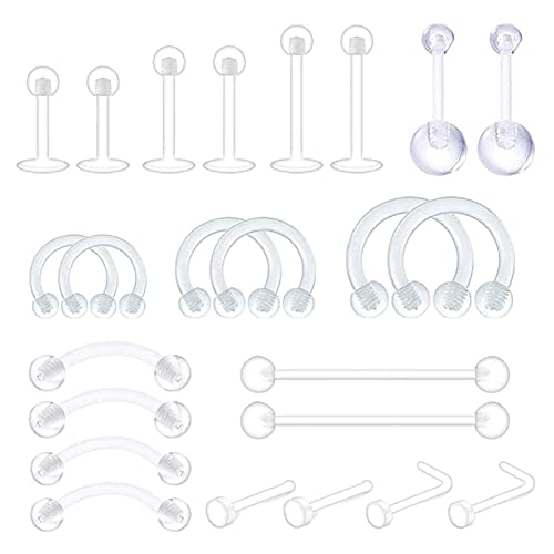 24 Stück Nasenringe,Kucheed Klare Nasenstecker in L-Form Piercing-Halter-Set aus Acryl,Septum Lippe Knorpel Zunge Daith Ohr Bauch Piercing Schmuck für Damen und Herren von Kucheed