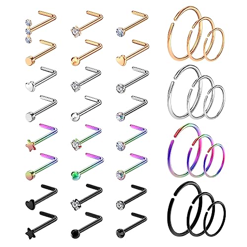 36 Stück Nasenringe,Kucheed 20G Chirurgenstahl Nasenringe Hoop L Form Nasenstecker Nasenschraube Septum Nasenring,Knorpel Helix Ohrringe Hoop Zunge Nasenloch Nase Piercing Schmuck für Frauen Männer von Kucheed