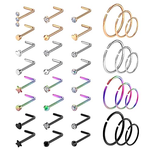 36 Stück Nasenringe,Kucheed 20G Chirurgenstahl Nasenringe Hoop L Form Nasenstecker Nasenschraube Septum Nasenring,Knorpel Helix Ohrringe Hoop Zunge Nasenloch Nase Piercing Schmuck für Frauen Männer von Kucheed
