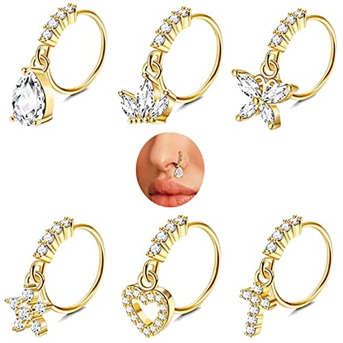 6 Stück Baumeln Nasenringe Hoops,Kucheed 20G Mond Schmetterling Stern Herz Tröpfchen Kreuz Ohrringe Nasenringe Baumeln,Knorpel Helix Ohrringe Nasenloch Septum Baumeln Nase Piercing Schmuck für Frauen von Kucheed