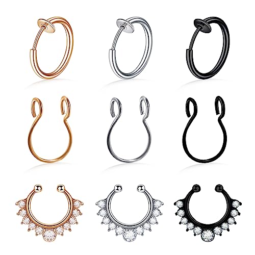 9 Stück Gefälschte Nasenringe, Kucheed Fake Septum Ringe Nasenreifen,Faux Septum Nasenring Creolen Nicht Durchbohrte Ohrringe Set,Wendel Knorpel Lippe Piercing Schmuck für Damen Herren von Kucheed