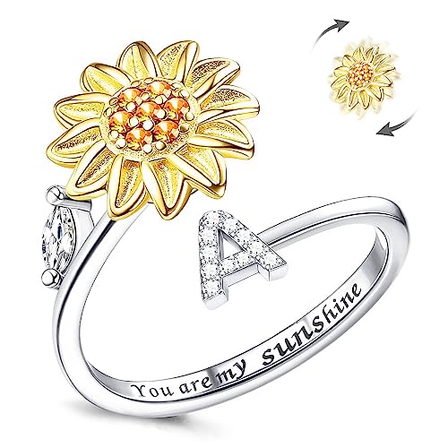 Fidget Ring Für Frauen, Kucheed Sonnenblume, Größenverstellbarer Spinner-Ring, Silber Stapelbar Anti-Stress-Buchstabe Fingerkreis, Graviert 'You Are My Sunshine' Im Inneren Des Schmucks(A) von Kucheed