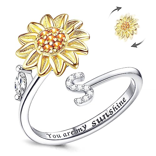 Fidget Ring Für Frauen, Kucheed Sonnenblume, Größenverstellbarer Spinner-Ring, Silber Stapelbar Anti-Stress-Buchstabe Fingerkreis, Graviert 'You Are My Sunshine' Im Inneren Des Schmucks(S) von Kucheed