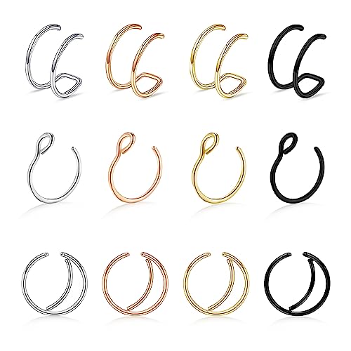 Kucheed 12 Stück Fake Nasenringe, Verstellbare Gefälschte Doppelte Hoop Nasenring Ohrclip Manschetten,Faux Nasenring Creolen Ohrringe Wrap,Helix Knorpel Lobe Septum Piercing Schmuck für Frauen Männer von Kucheed