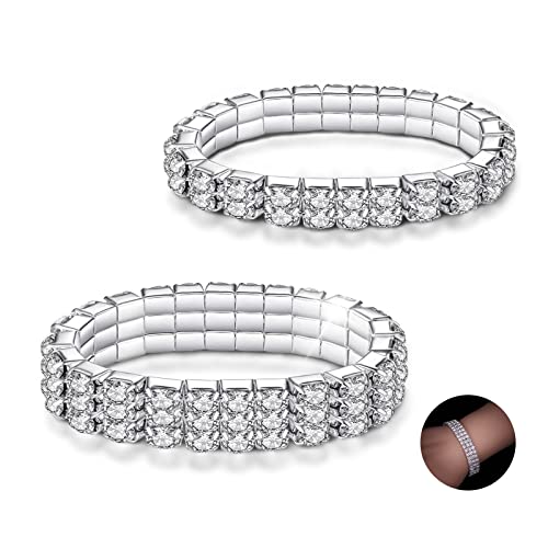 Kucheed 2 Stück Stretch Armbänder mit Strasssteinen, Twinkle Diamant Tennis Armreif, Bling Stapelbares Brautarmband aus Kristall, Glänzendes Hochzeits Party Armband für Frauen(Gold) von Kucheed